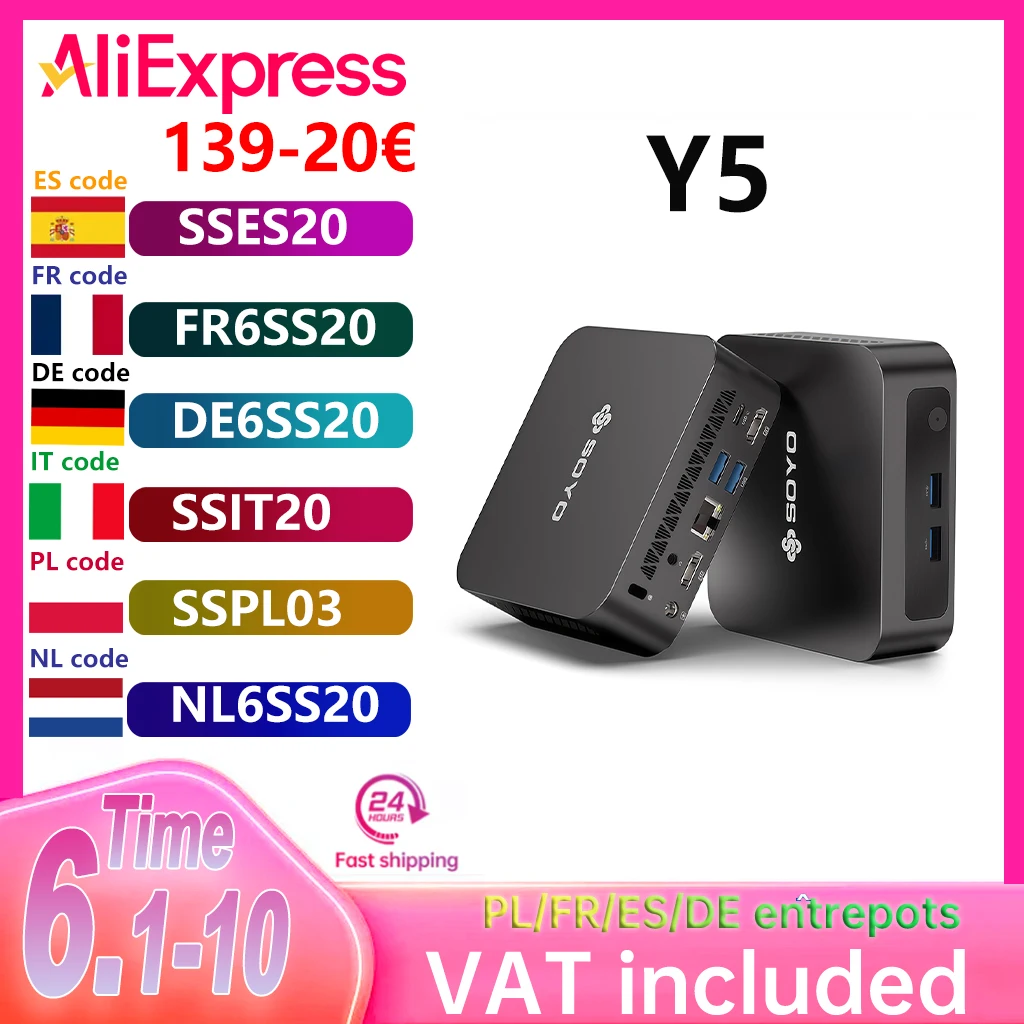 SOYO Mini PC Y5 Intel i3 4030U 8 Go de RAM 128 Go de ROM Windows 10 WiFi BT4.2 Ordinateur de bureau