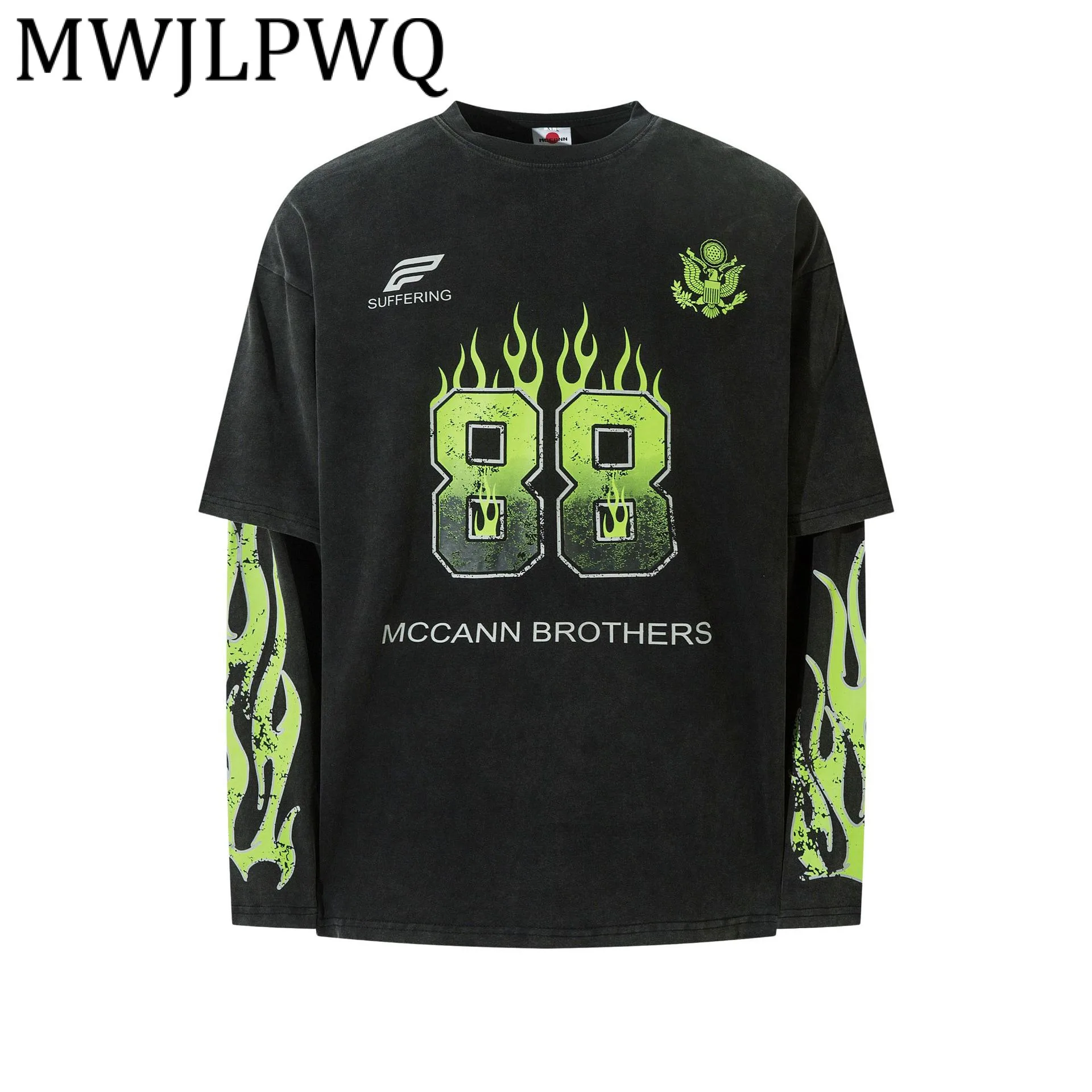 

MWJLPWQ MODISH 2025 Autumn American Street Washed Fake Two-Piece T-Shirt Male Hiphop Long Sleeve Casual Tops Fashion New 21574