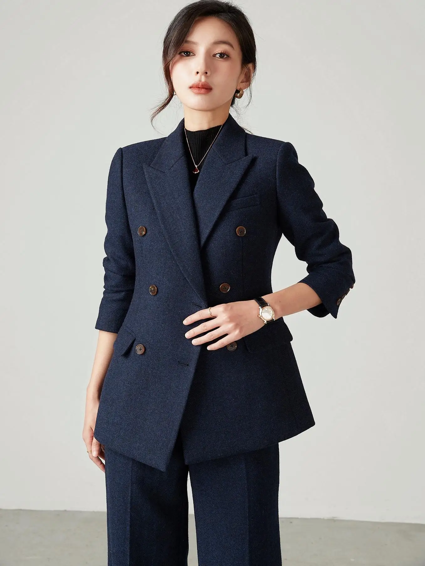 여성용 겨울 두꺼운 울 트위드 정장 세트 로얄 블루 전문직 슬림 핏 스트레이트 팬츠 더블 브레스티드