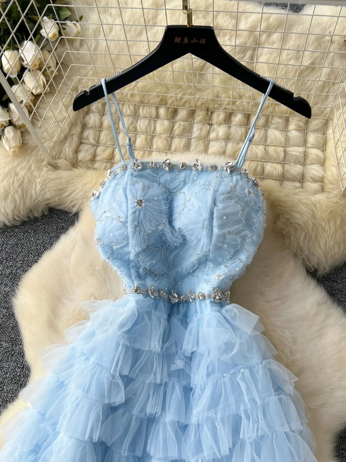 Ofallsis Gentle Wind Heavy Industry Embroidered Bead Diamond Strap Dress 2024 Summer New Fairy Thin Elegant Mesh Cake Dresses