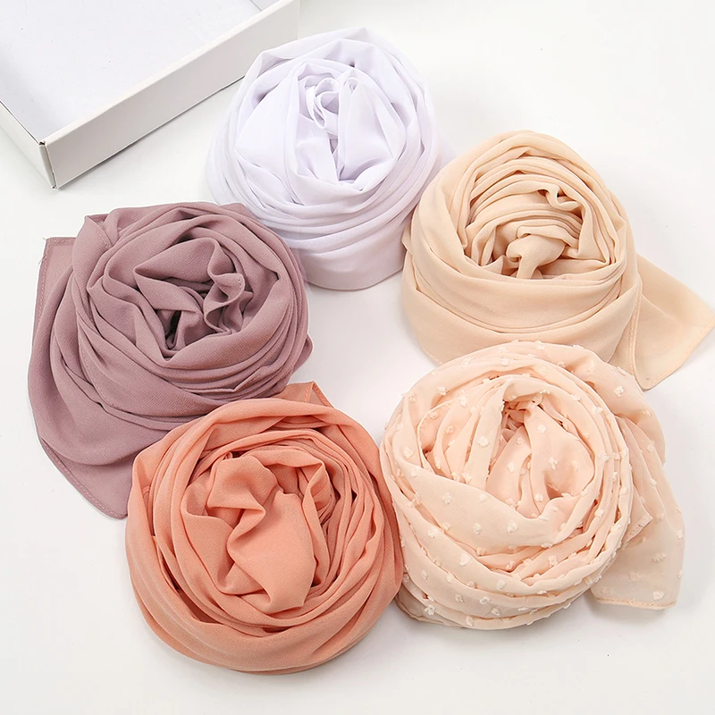 Newest Bubble Chiffon Flocking Hijab Scarf Plain Color Muslim Women Shawls Islamic Elegant Headscarf Stoles Wholesale 5pcs/Box