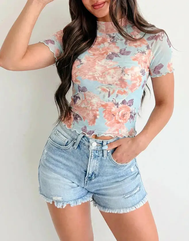 

New Fashionable Elegant Trend Style Stand Up Collar Flower Print Mesh Design with Fungus Edge Tight Fitting Women's T-Shirt