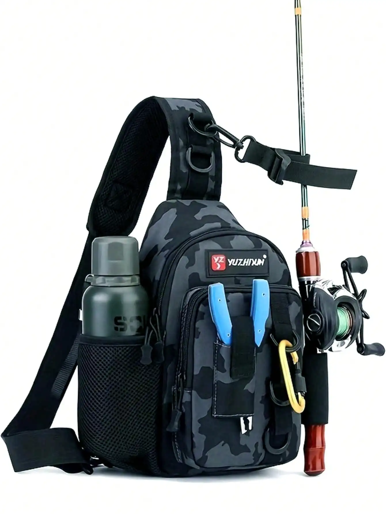 

Высококачественная прочная сумка для рыболовных снастей с держателем для удочек и множеством отделений, с премиальной молнией, подходит для рыбалки.