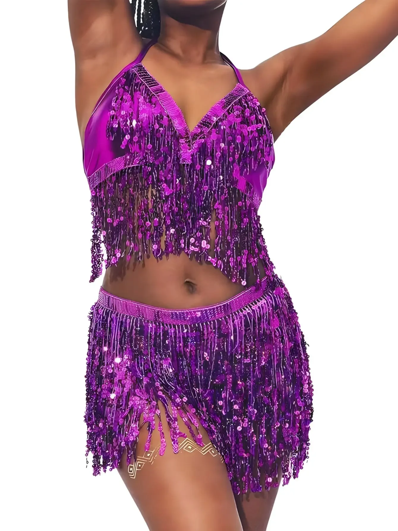 Lantejoula latina franja halter top e cinto conjunto para dança do ventre sexy saia de quadril de 4 camadas borla pano de desempenho de palco dança latina