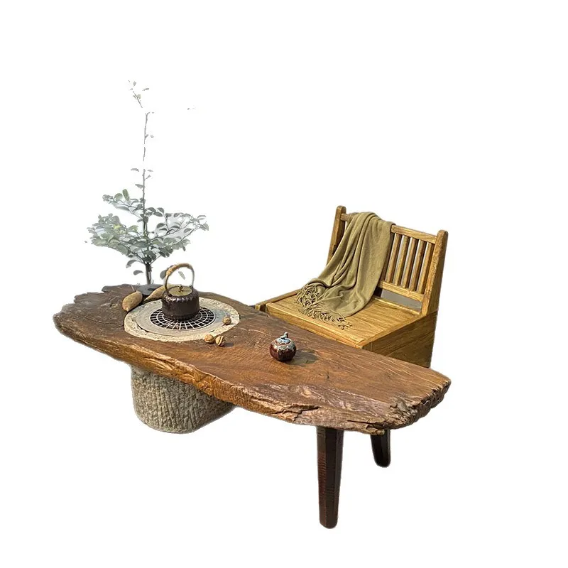 

Old elm fireplace tea table, irregular weathered board tea table