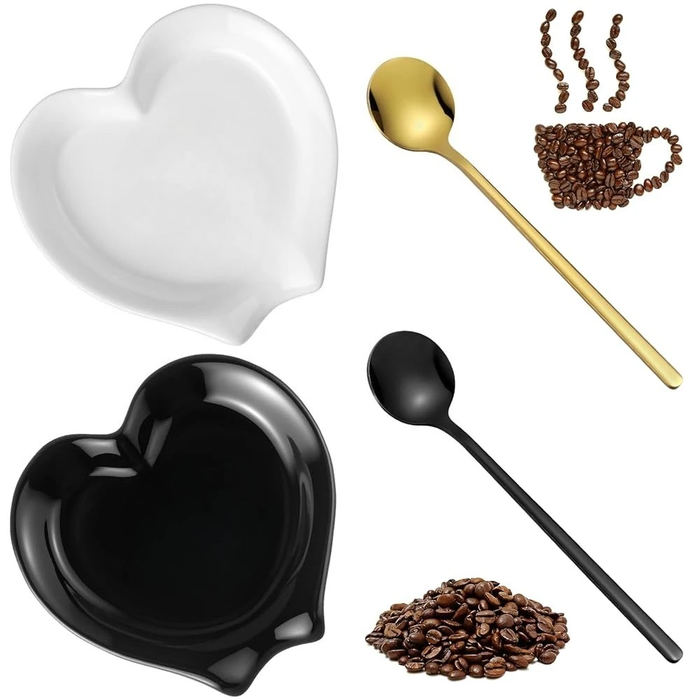 2 Piezas de Soporte de Cerámica para Cuchara de Café con Diseño de Corazón Pequeño, Blanco y Negro, para Agitador, con la Frase 'Primero Bebo Café, Luego Hago las Cosas', Bar S