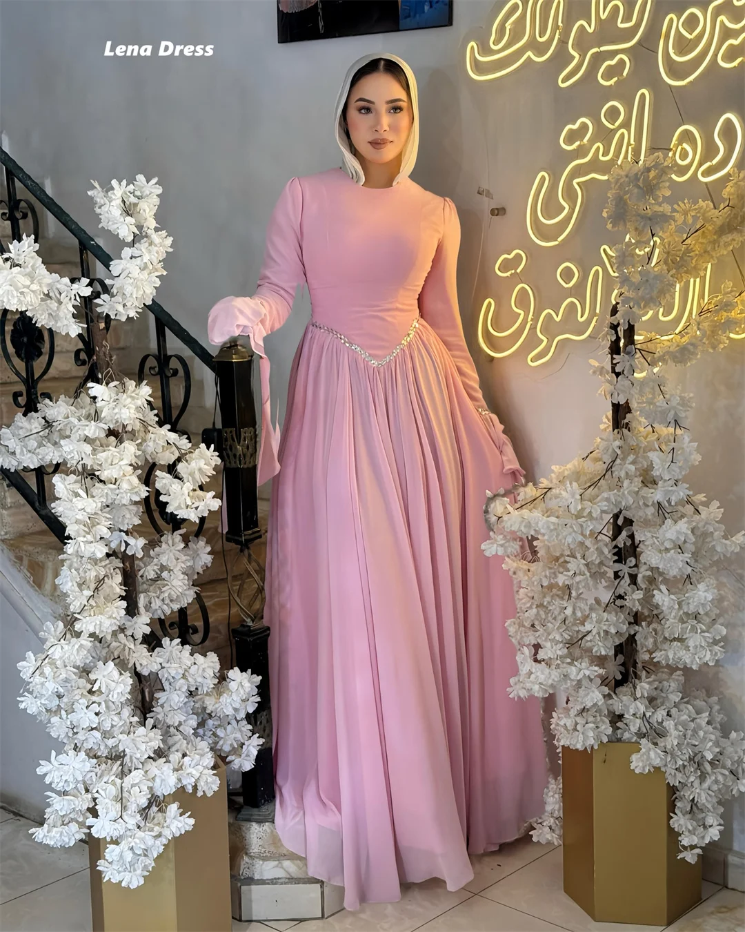 

Lena Pink Evening Dress Woman Custom Made Ball Gown Dress Long Sleeves Women Evening Dresses for Special Occasions Round Collar