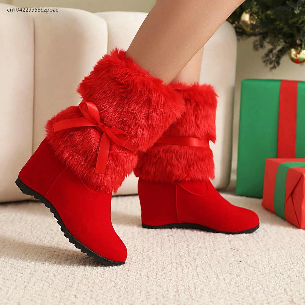 

2025 Winter Christmas Fashion High Heel Women's Boots Red Round Toe Sweet Bow Heightening Boots Christmas New Year Party Boots