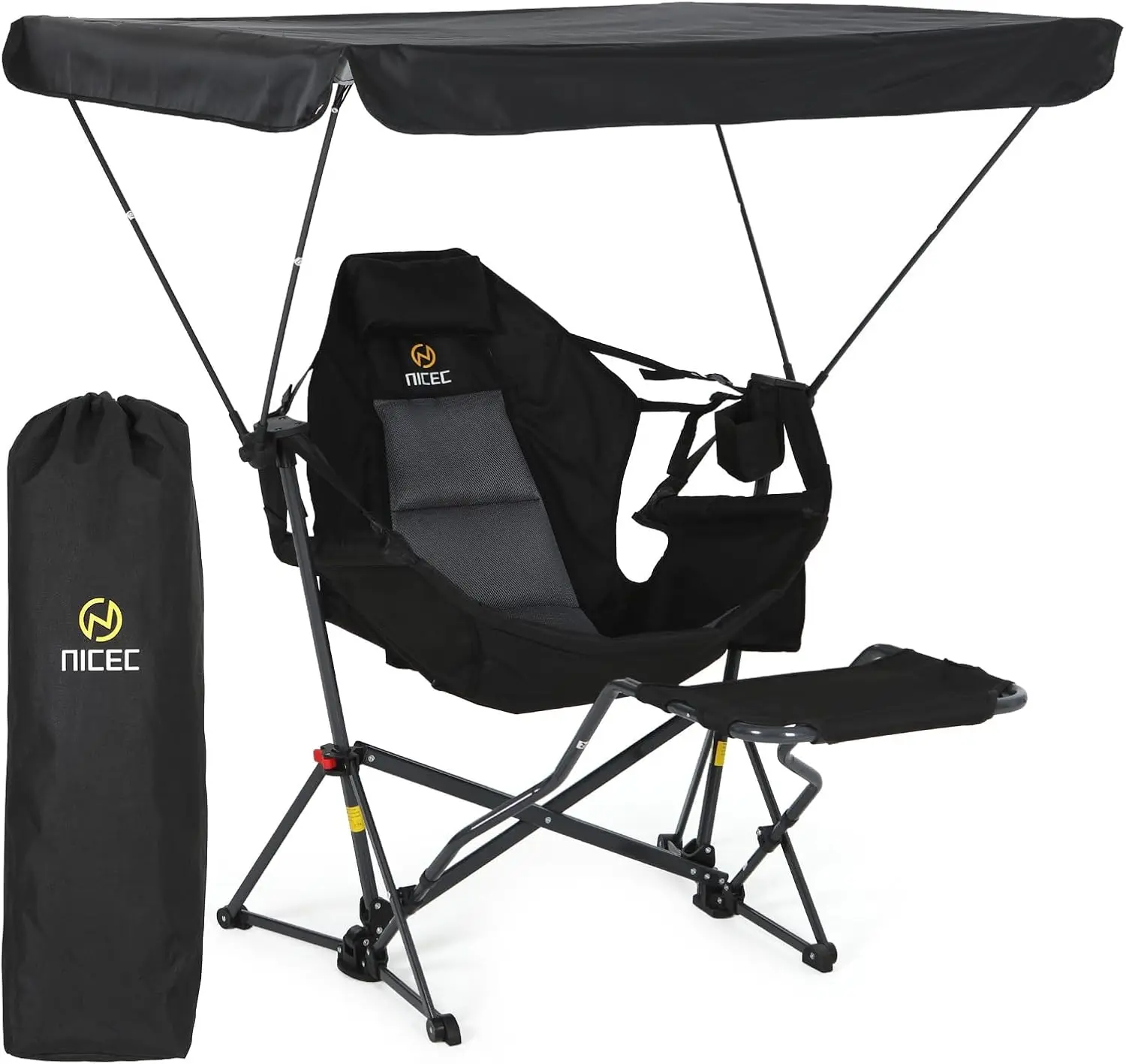 Portable Swinging Hammock Camping Chair with Canopy Shade, Detachable Footrest, Cup Holder and Carry Bag - Folding Rocking Umbrella Chair for Beach, Camping (1 Pack)