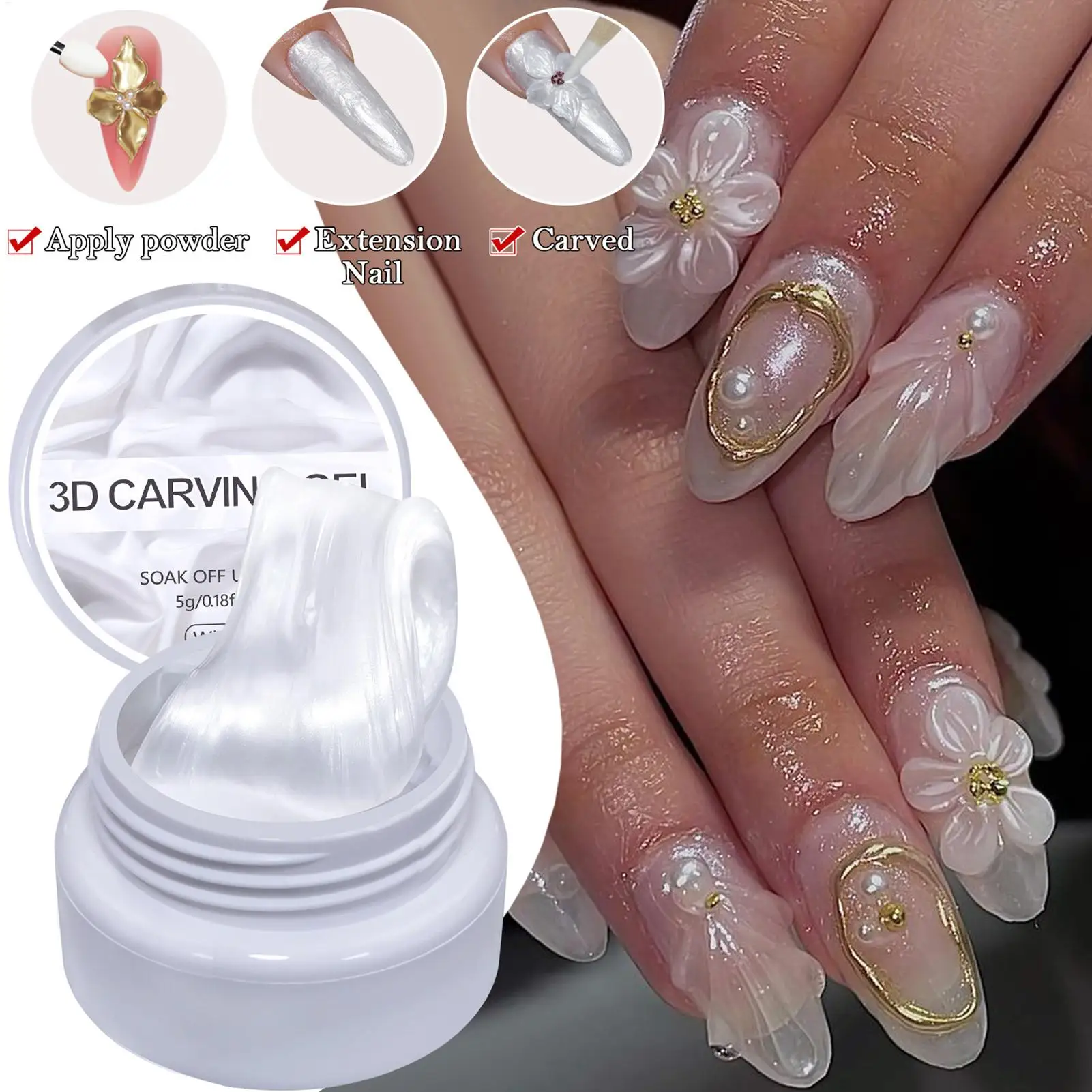 

Nail Molding Gel, 5g Pearl 3D Sculpting Gel Solid Building Gel, Extension Carving Beauty Care Soft Manicure Art for Daily Salon