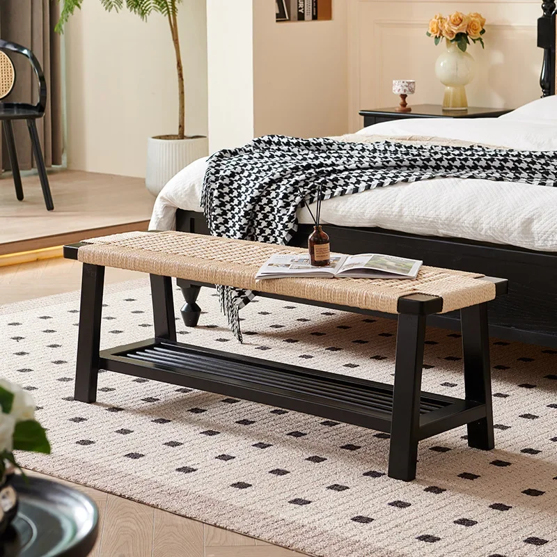 Modern simple ash wood rattan seat surface B & B bedroom bedside stool with storage layer