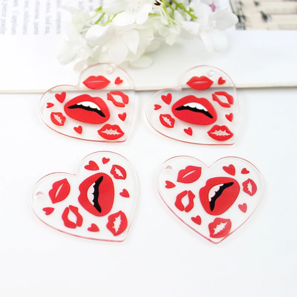 10Pcs/ Acrylic Valentine Day Sexy Heart Red Lip Kiss Me Mouth Charm Pendant For Diy Earring Necklace KeyChain Jewelry Making