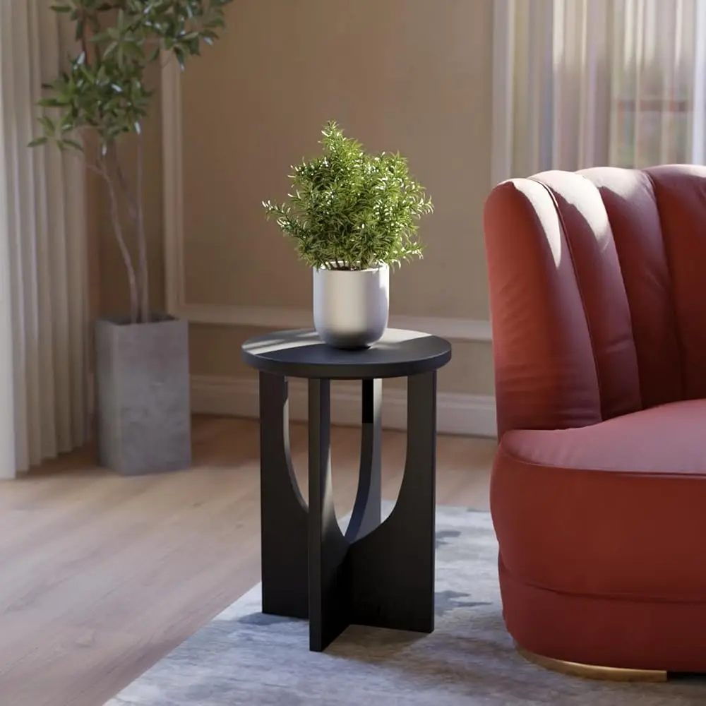 

Stupa Solid Wood End Table – 22\ Tall Round Side Table for Living Room or Bedroom, Handcrafted Accent Table in Distressed Bla
