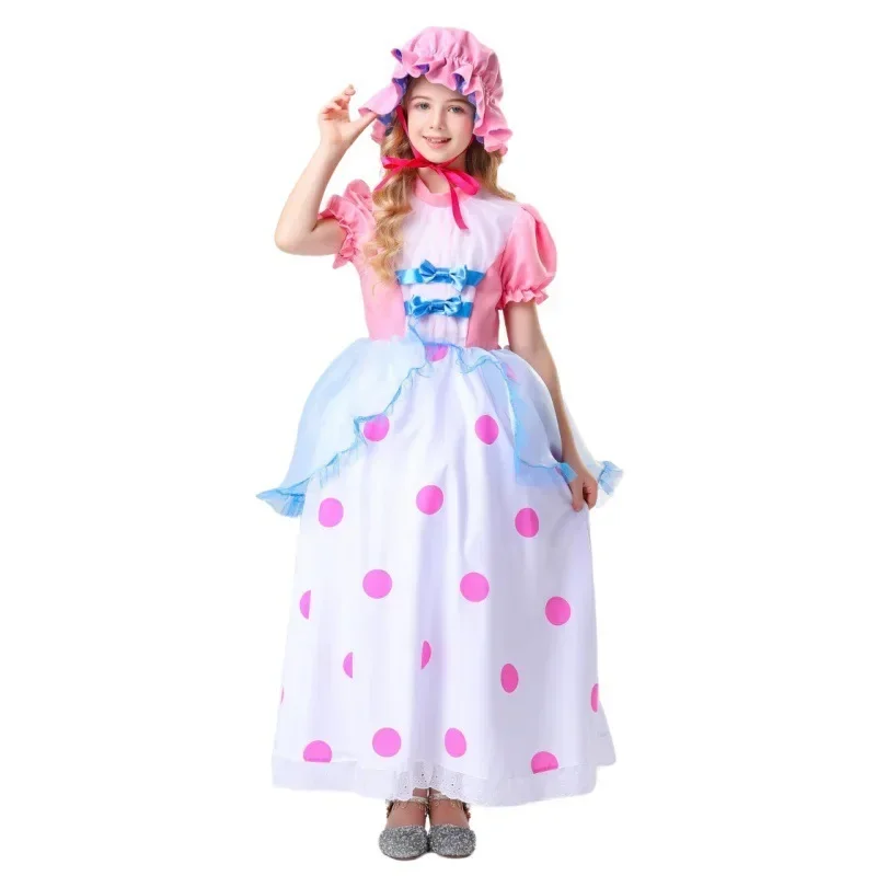 Kid Toy Shepherd Girl Cosplay Anime Story Bo Peep Cartoon Shepherdess Polka Dot Pink Dress with Hat Costume Masquerade Halloween