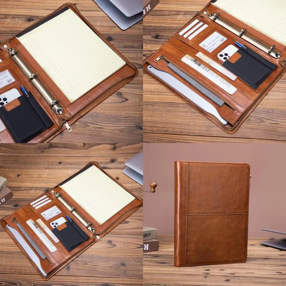

Коричневый портфель из натуральной кожи с 3-кольцевым кольцевым механизмом, держателем для блокнота формата А4, чехлом для ноутбука, профессиональный органайзер для мужчин и женщин, O