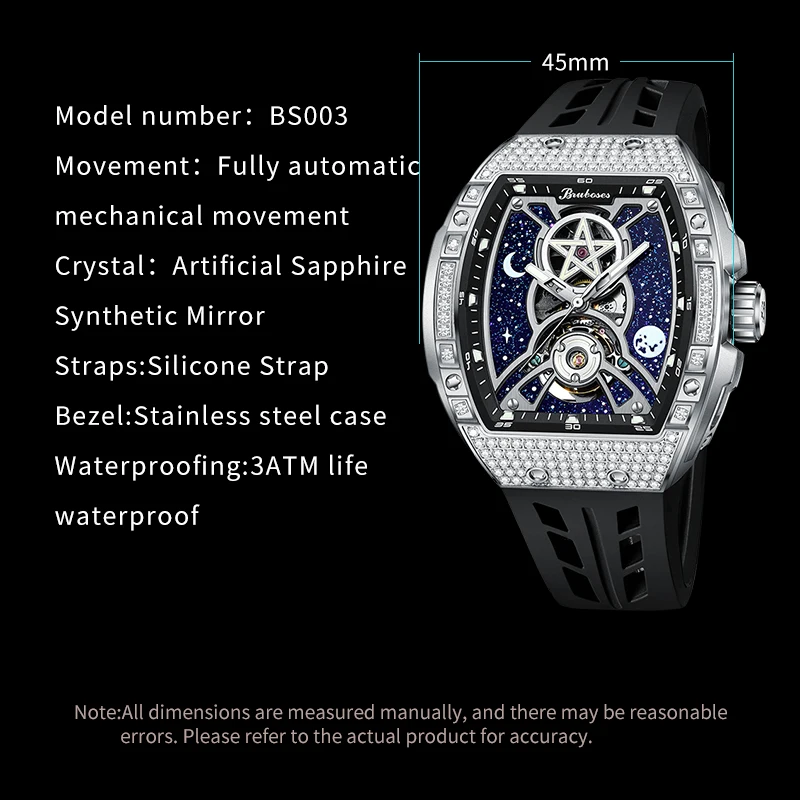 Men\'s Mechanical Watch with Automatic Diamond Hollow-out Winding BRUBOSES Luxury Silicone Waterproof Luminous Clock Montre Homme