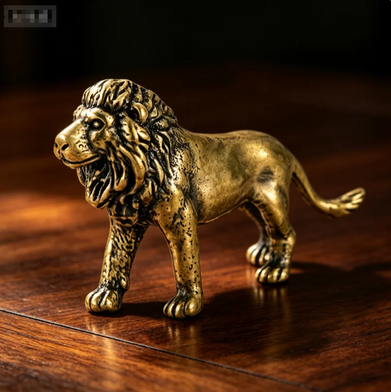 Vintage Brass African Lion Mini Statue Desktop Ornament Office Study Decor Animal Craft Collectible Brass Ware