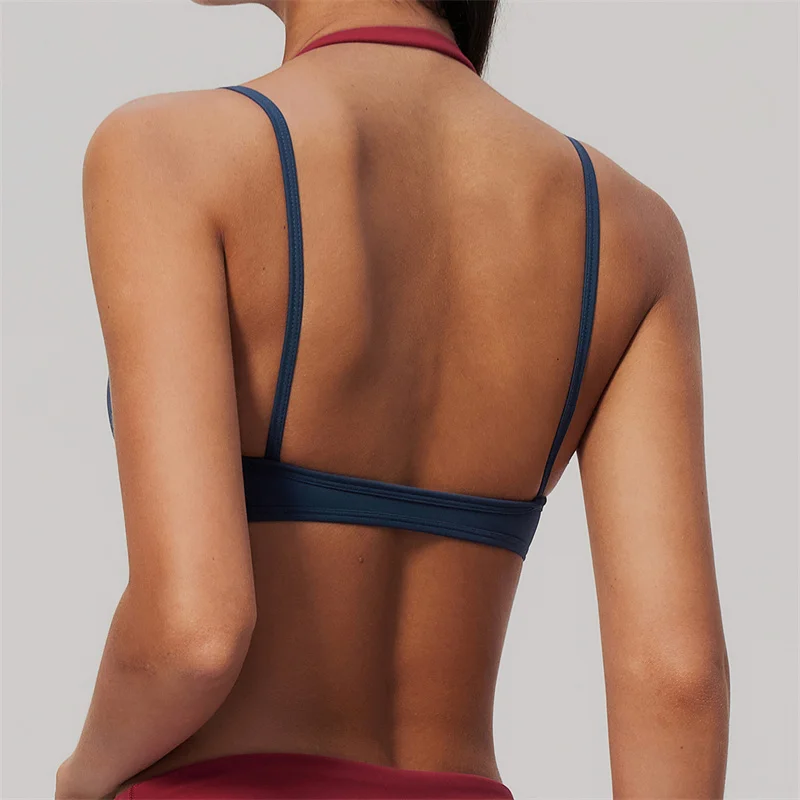 TRY TO BN Women Dual‑Strap Halter Yoga Bra Mock Two‑Piece Color‑Block Sports Underwear Fitness Tops Running Workout Gym Clothes