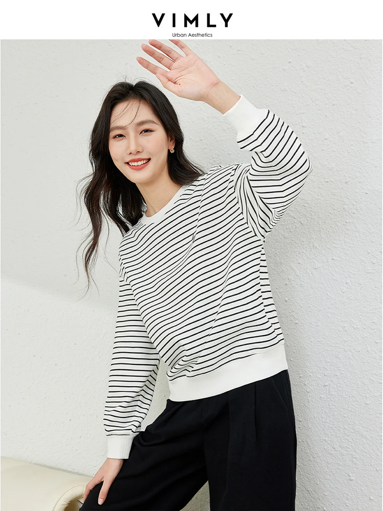 Vimly Striped O-neck Loose Sweatshirts Women 2024 Spring Short Embroidery Drop Sleeve Top Casual Lazy Style Pullovers M6021