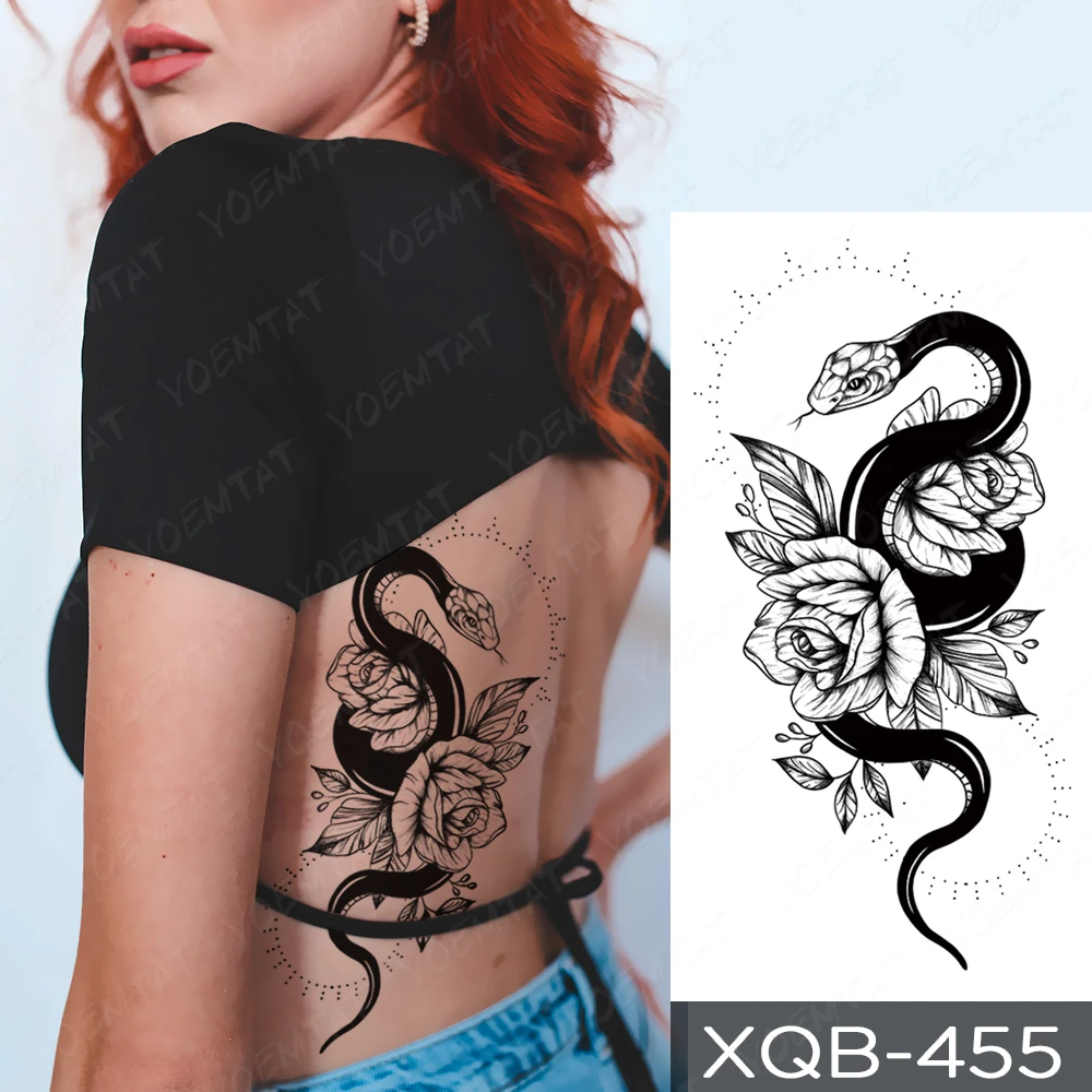 Dragon Transfer Waterdichte Tijdelijke Tattoo Sticker Black Snake Peony Rose Bloemen Flash Tatto Arm Body Art Nep Tatoo Vrouwen Mannen