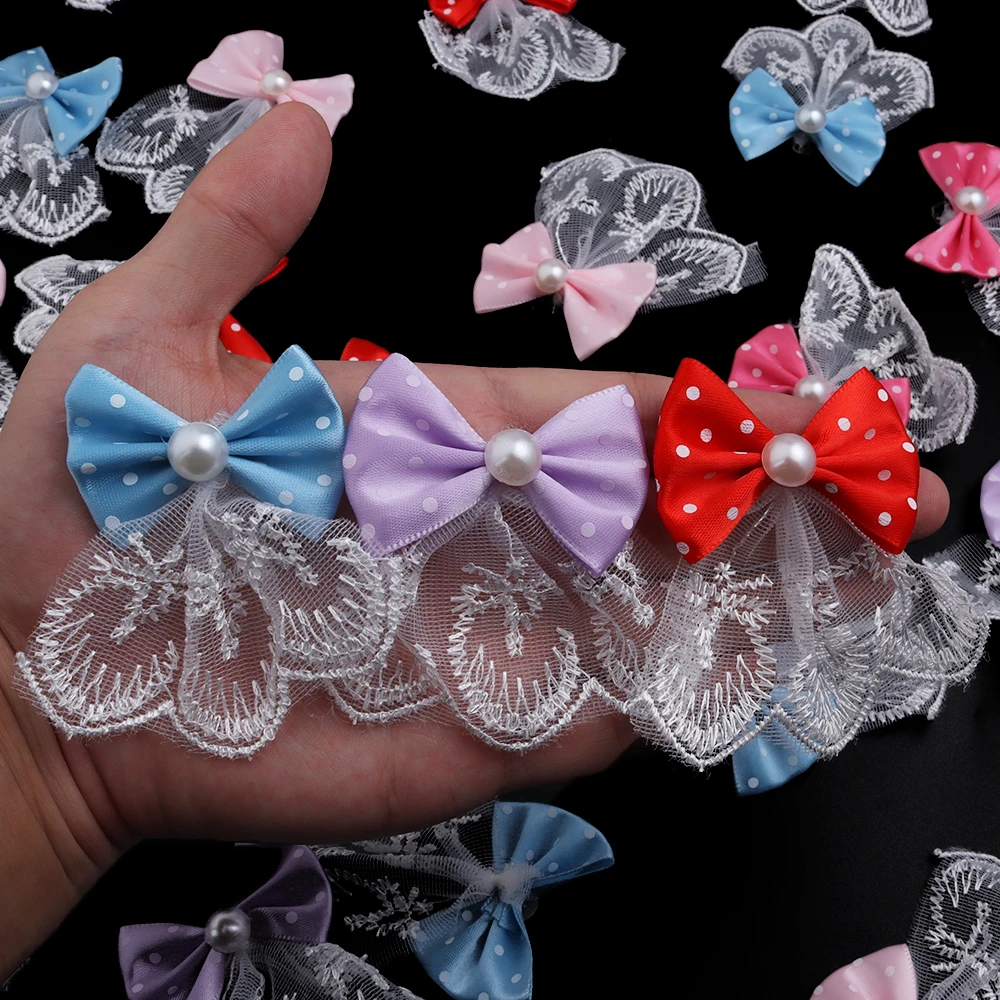 

10Pcs Lace Frills​​ Satin Ribbon Pearl Bows Polyester Bows For Wedding Party Home Decoration DIY Headwear Accessories