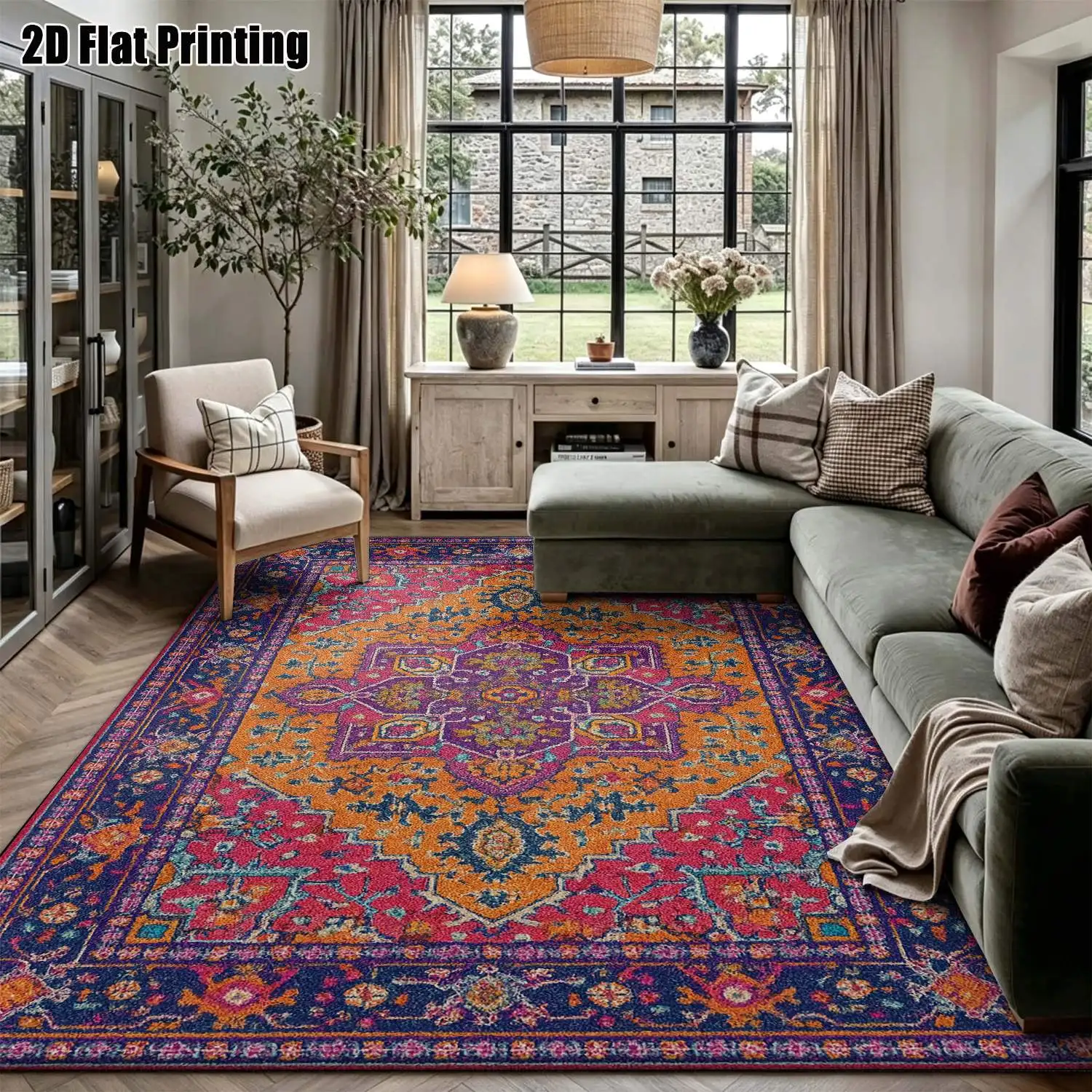 1Pc 2D Printed Orange-Red Geometric Bohemian Vintage European-Style Carpet, Multi-Size Machine-Washable Home Decor for Entrance, Dining Room, Foyer, Bedroom, Living Room