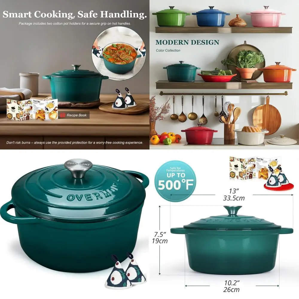 

5.5-Quart Enamel Cast Iron Dutch Oven Set with Lid and Cotton Potholders - Versatile Cookware for Braising, Stews, Roasting, and