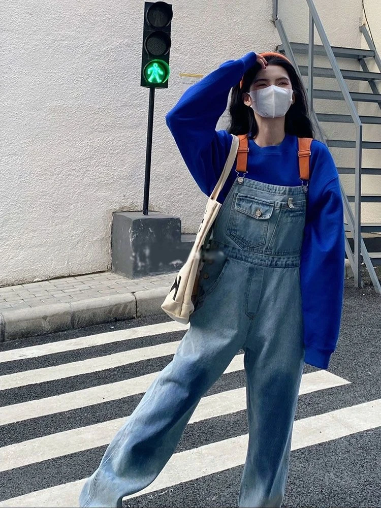 Vintage Wash Contrast Strap Denim Jumpsuit Women Trendy Design Flattering Fit Youthful Style