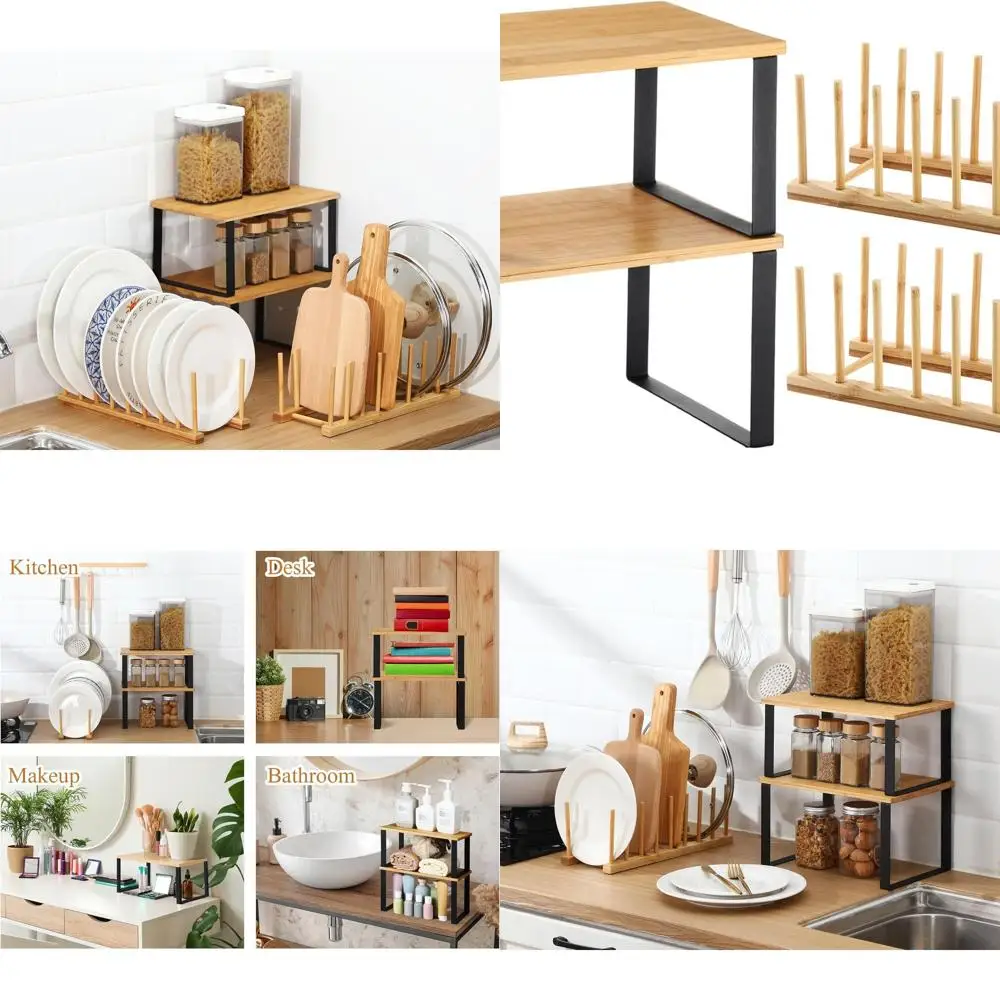 

Kitchen Organizer Set: Bamboo Dish Drying Rack, Cabinet Shelf, Spice Rack, and Storage Holder for Pots, Lids, Dishes, and Cups (
