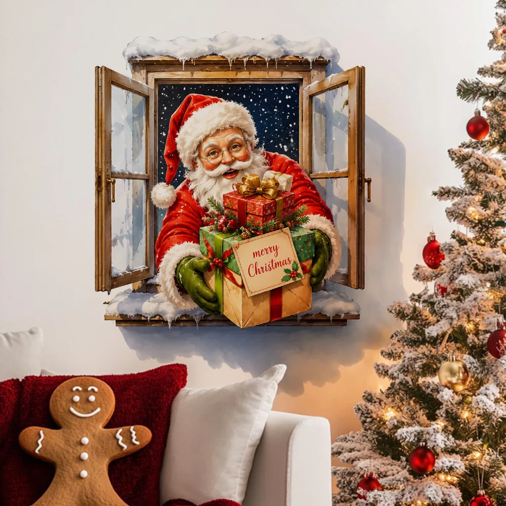 1Pc 3D Fake Window Art Santa Wall Sticker, Merry Christmas Gift Decal, Removable Vinyl for Winter Holiday Xmas DIY Home Decor