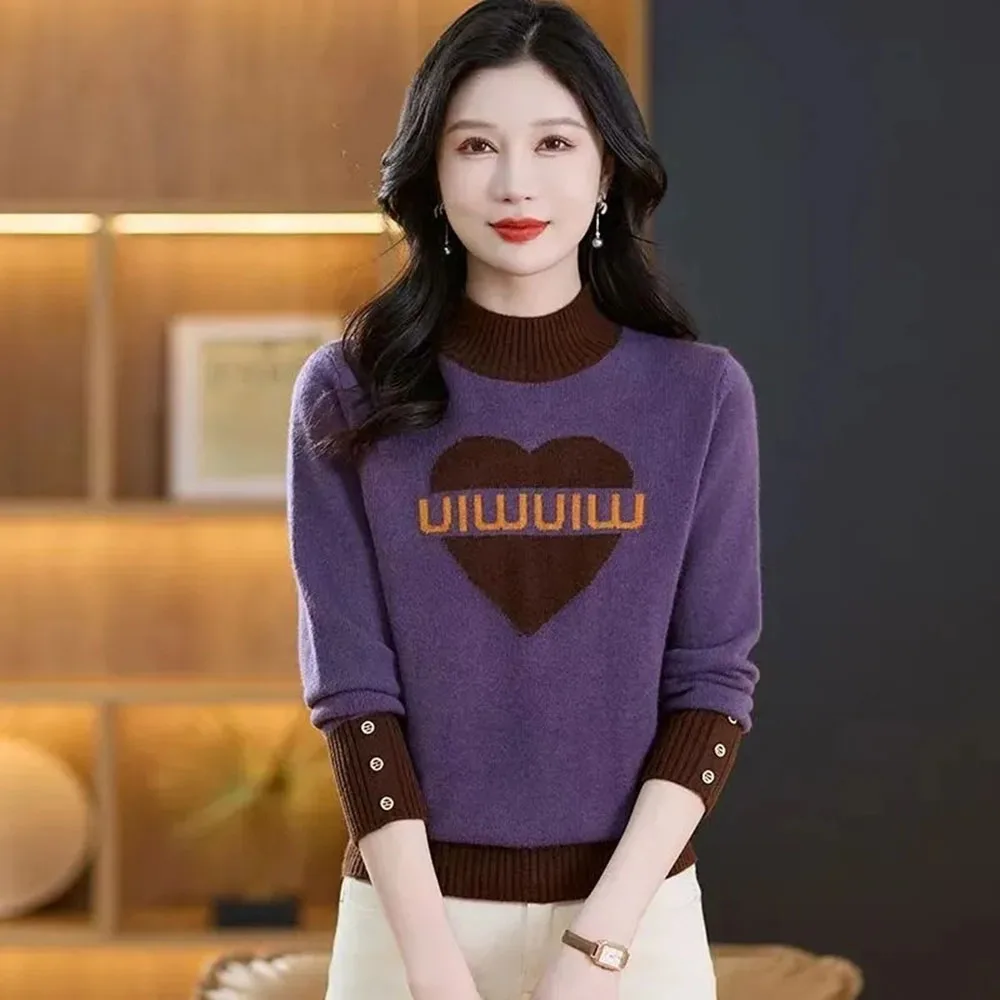 

Autumn Winter New Fashion Jacquard Sweaters Women Pullovers Half High Collar Long Sleeve Casual Knitwear Femme short Jumper