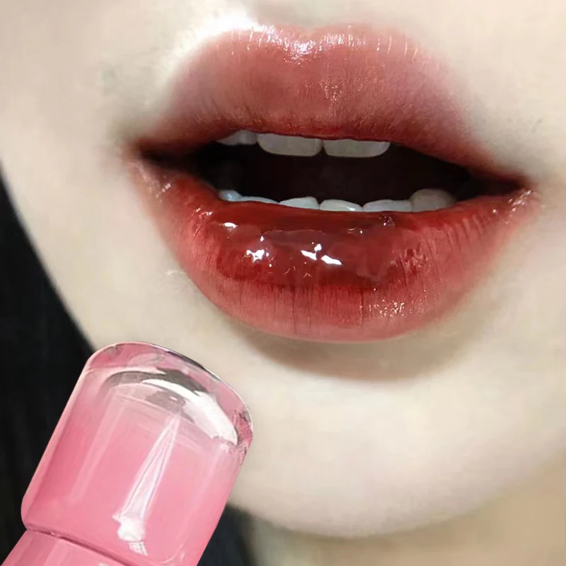 ملمع شفاه مائي بمرآة من الكرز الوردي، ملمع شفاه زجاجي شفاف، زيت شفاه سائل مقاوم للماء، مكياج بني شفاف