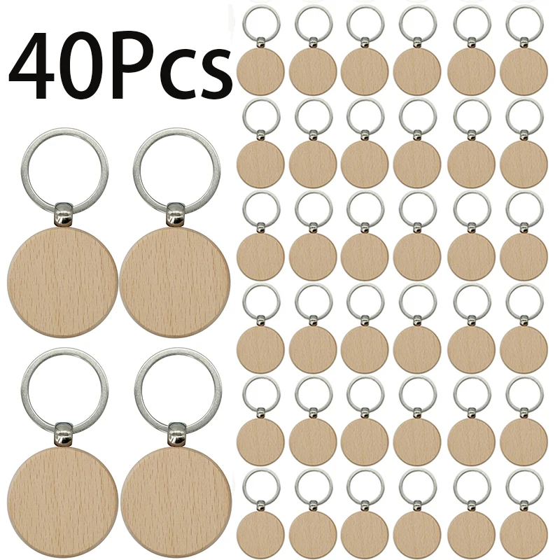 

40Pcs Wood Blanks Tags Keychains Keyrings with Wooden Pendants