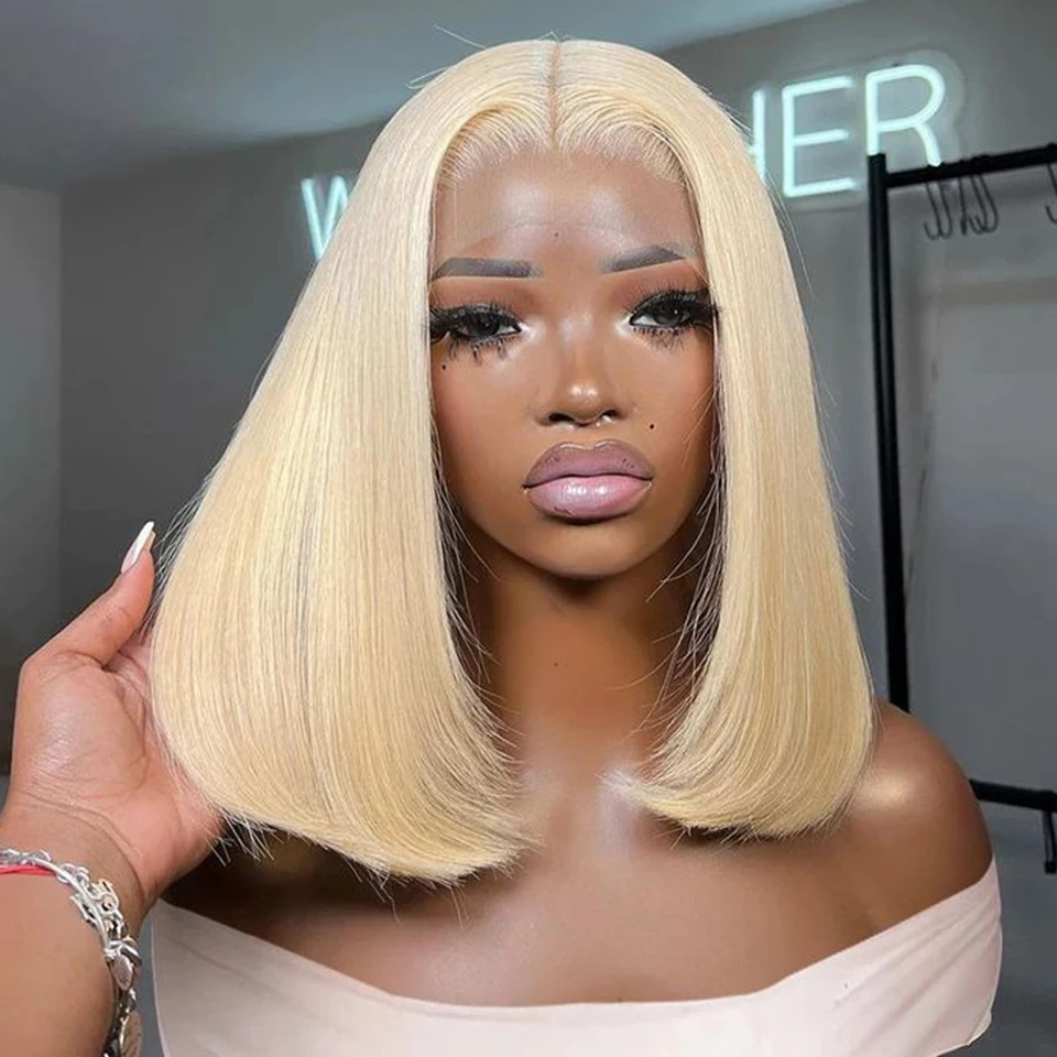 

Indian Straight Short Bob Wig 13*5*2 T Part Lace Front Human Hair Wigs 180%D 613 Honey Blonde Lace Front Human Hair Wigs