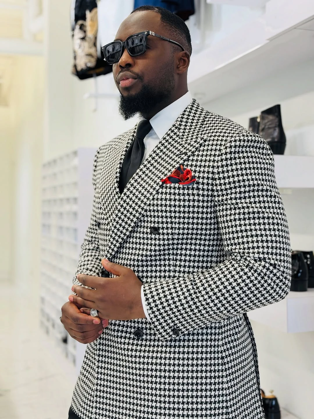 الشتاء Houndstooth و بدل زفاف للعريس بلغت ذروتها التلبيب مزدوجة الصدر البدلات الرسمية 2 قطعة سترة السراويل مساء مخصص #5