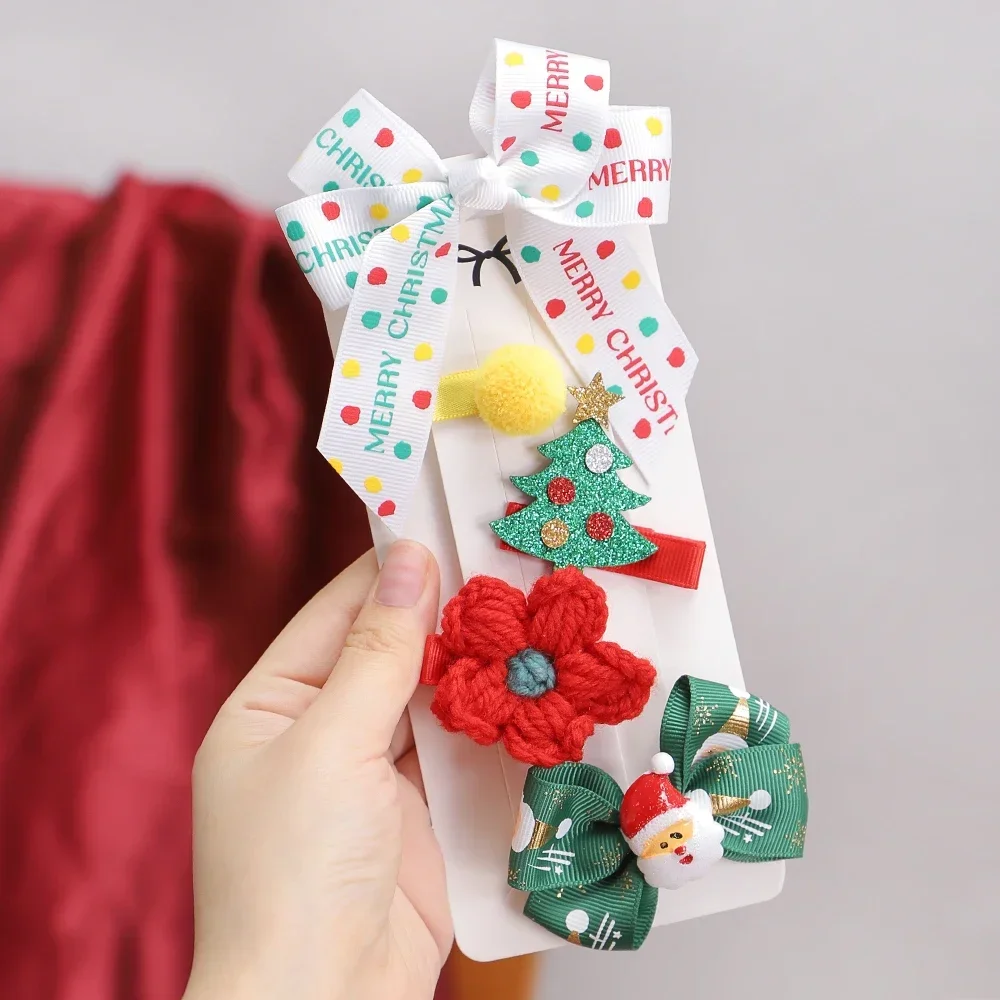 5PCS/set Christmas Bow Flower Hair Clips Set Cute Cartoon Hairpins Barrettes Headwear Girls Baby Hair Accessories Party Gifts