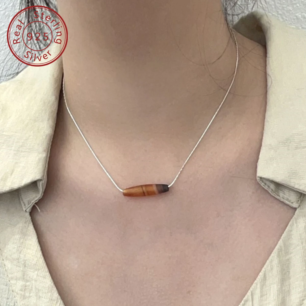 925 silver natural old agate bamboo joint necklace, minimalist style, versatile for daily commuting, retro high-end