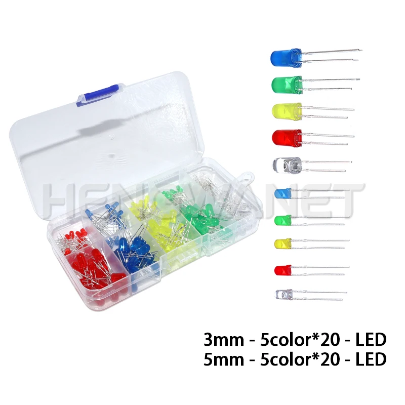 3mm 5mm LED-Dioden Sortiment Weiß Grün Rot Blau Gelb Orange F3 F5 LEDs Leuchtdioden Elektronik-Muster-Set