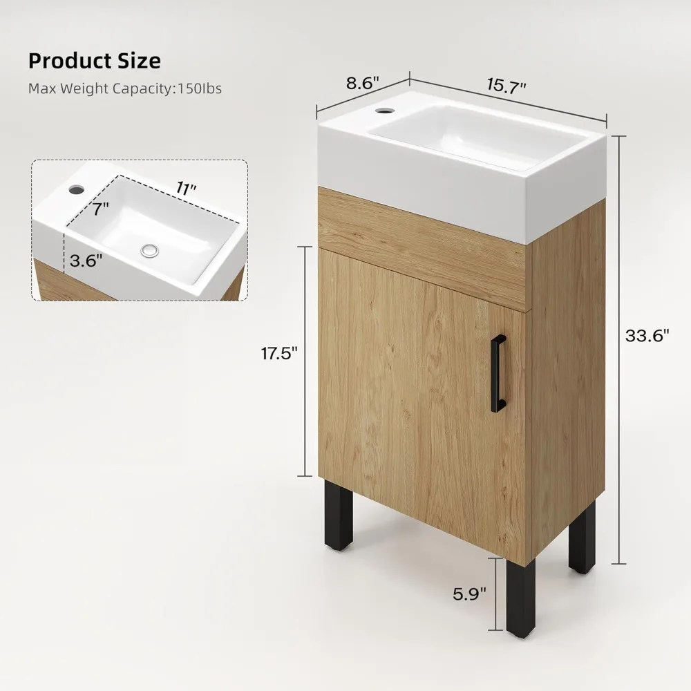 yitahome Vanity da bagno da 16 pollici con lavabo, mobiletto da bagno per piccoli spazi, mobiletto da bagno indipendente con 1