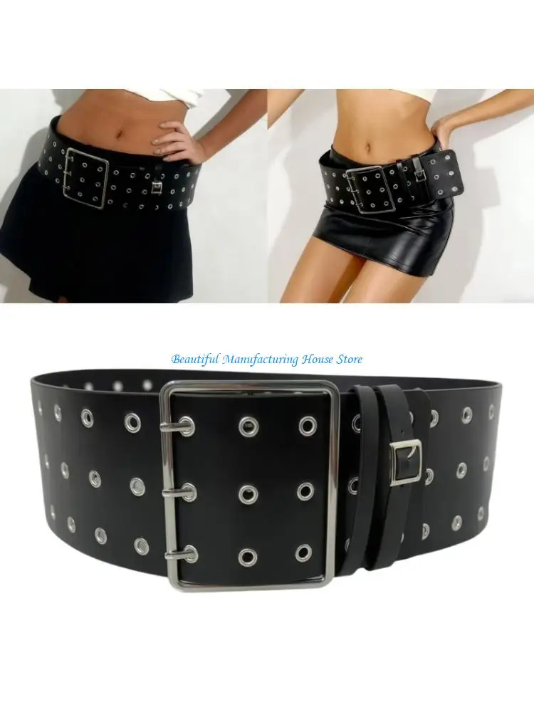 E56A Unisex Wide Faux Leather Belt Punk Hollow Eyelet Studs Gothic Western Black Brown