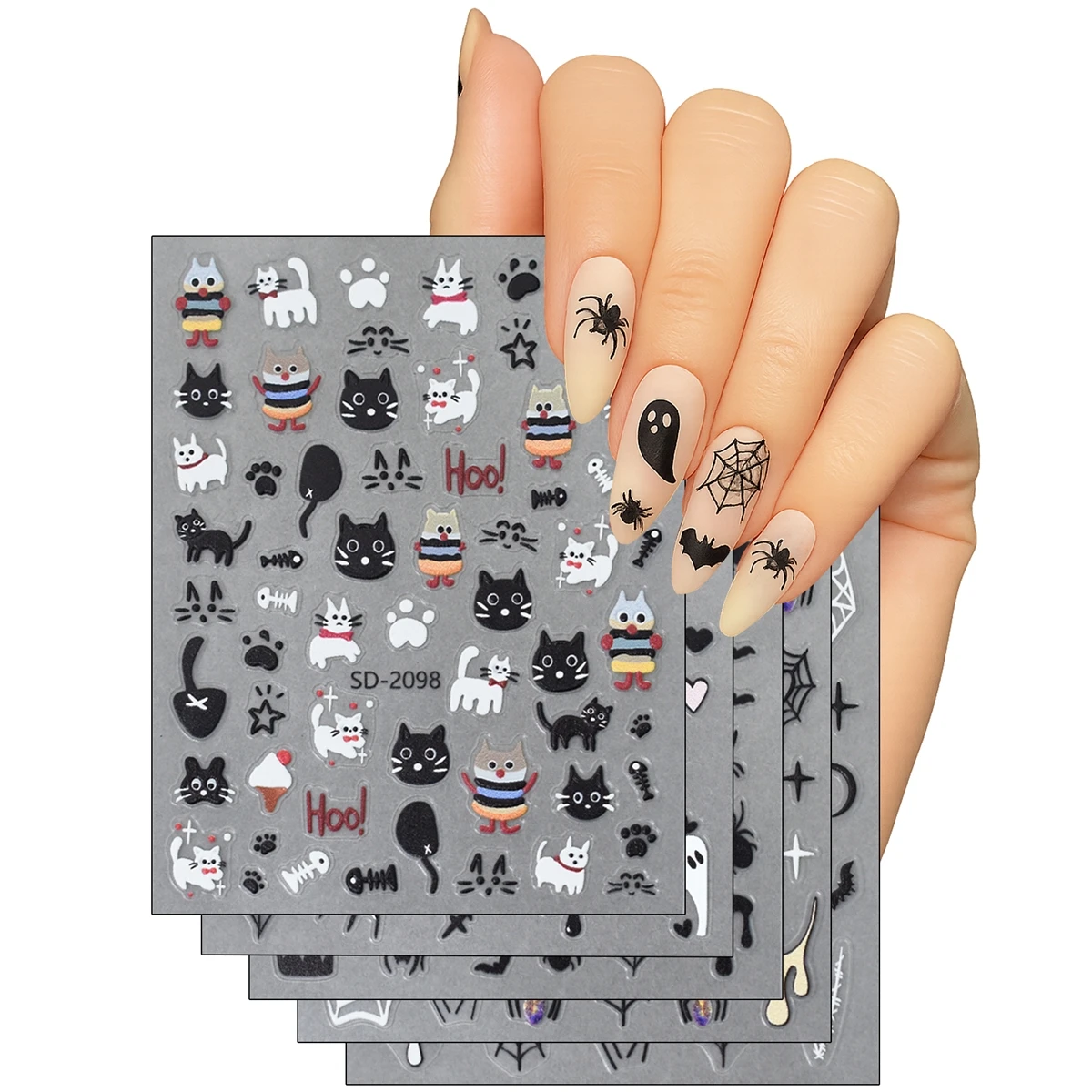 3/5/10 Blatt Halloween-Katzen-Nagelkunst-Aufkleber, süße schwarze Katze, Spinne, Geisterweb, selbstklebende Abziehbilder für DIY-Maniküre, Frauen