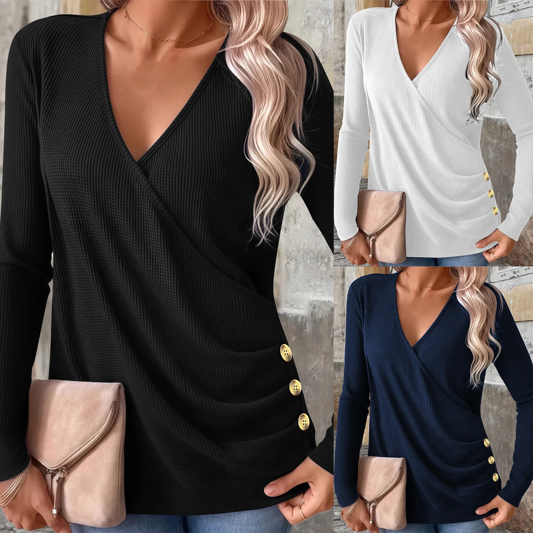 Fashion V-Neck Long Sleeved T Shirt Autumn Winter Women Solid Color Loose Ladies Tops Casual Button Shirt 2025 Plus Size Clothes