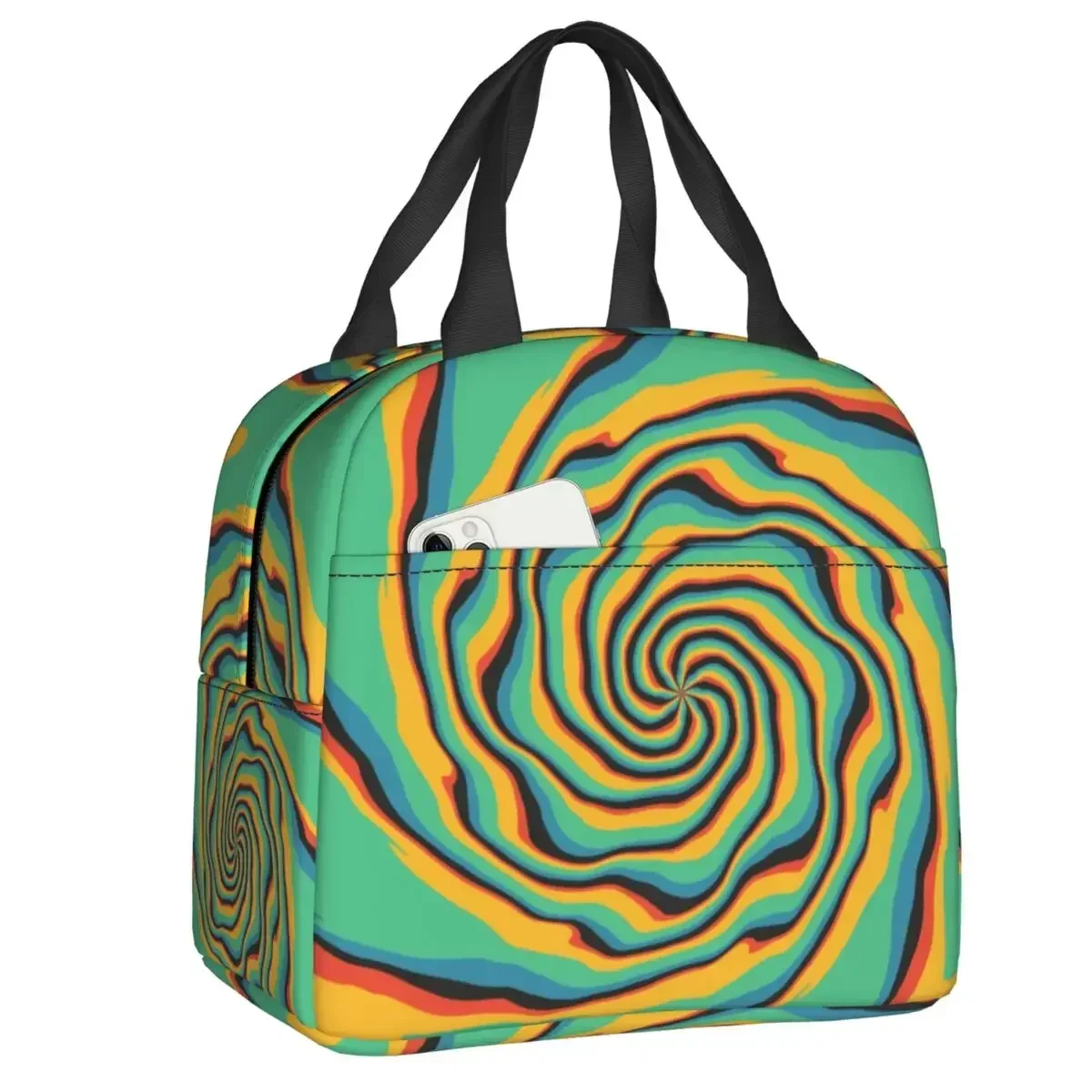 

Retro Swirl Abstract Geometric Print Lunch Bag Psychedelic Aesthetic Waterproof Cooler Thermal Insulated Lunch Box Women Bags