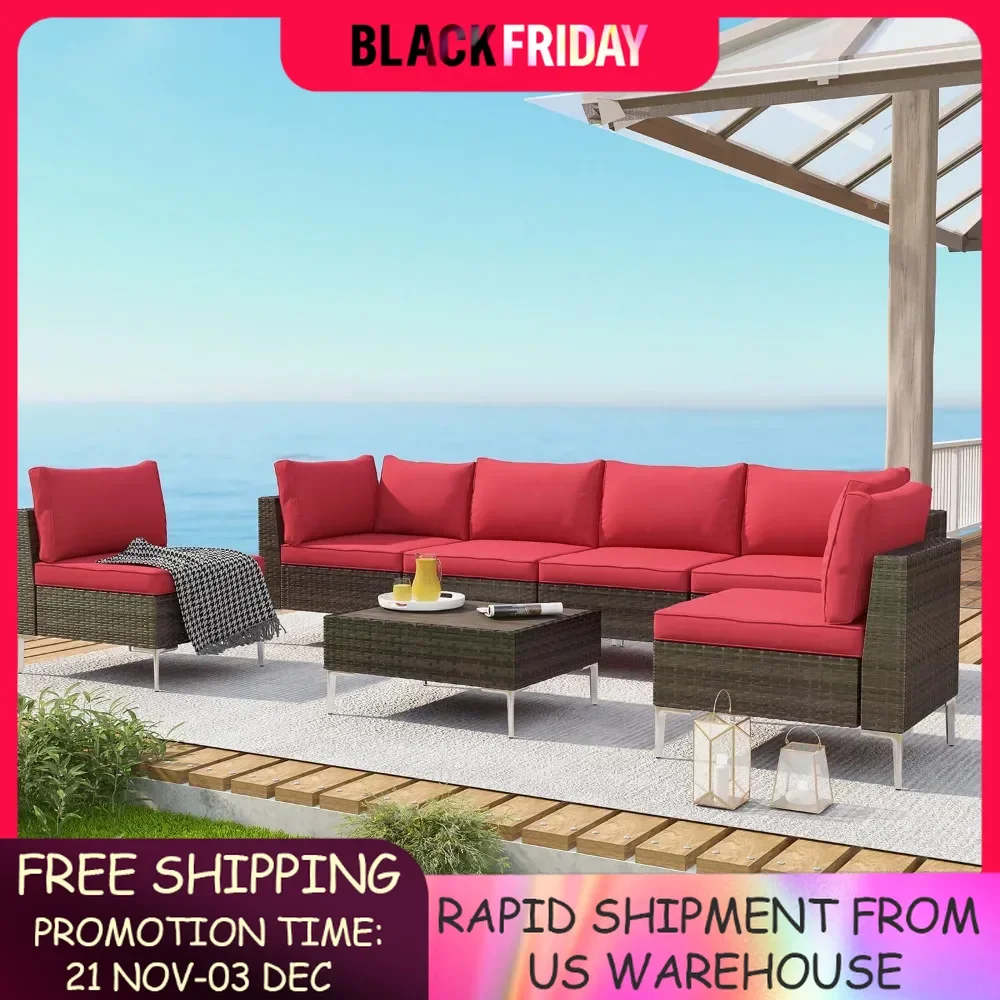 Patio Furniture Set,7 Pieces Outdoor Sectional Sofa PE Rattan Wicker Patio Conversation Set, w/Wood Plastic Composites Table