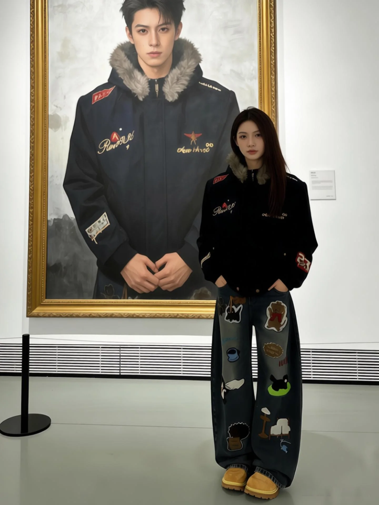 

Retro Blue Cartoon Towel Embroidered Jeans Men's Spring Autumn Casual Loose Wide Leg Pants Straight Tube Jeans mid Waist