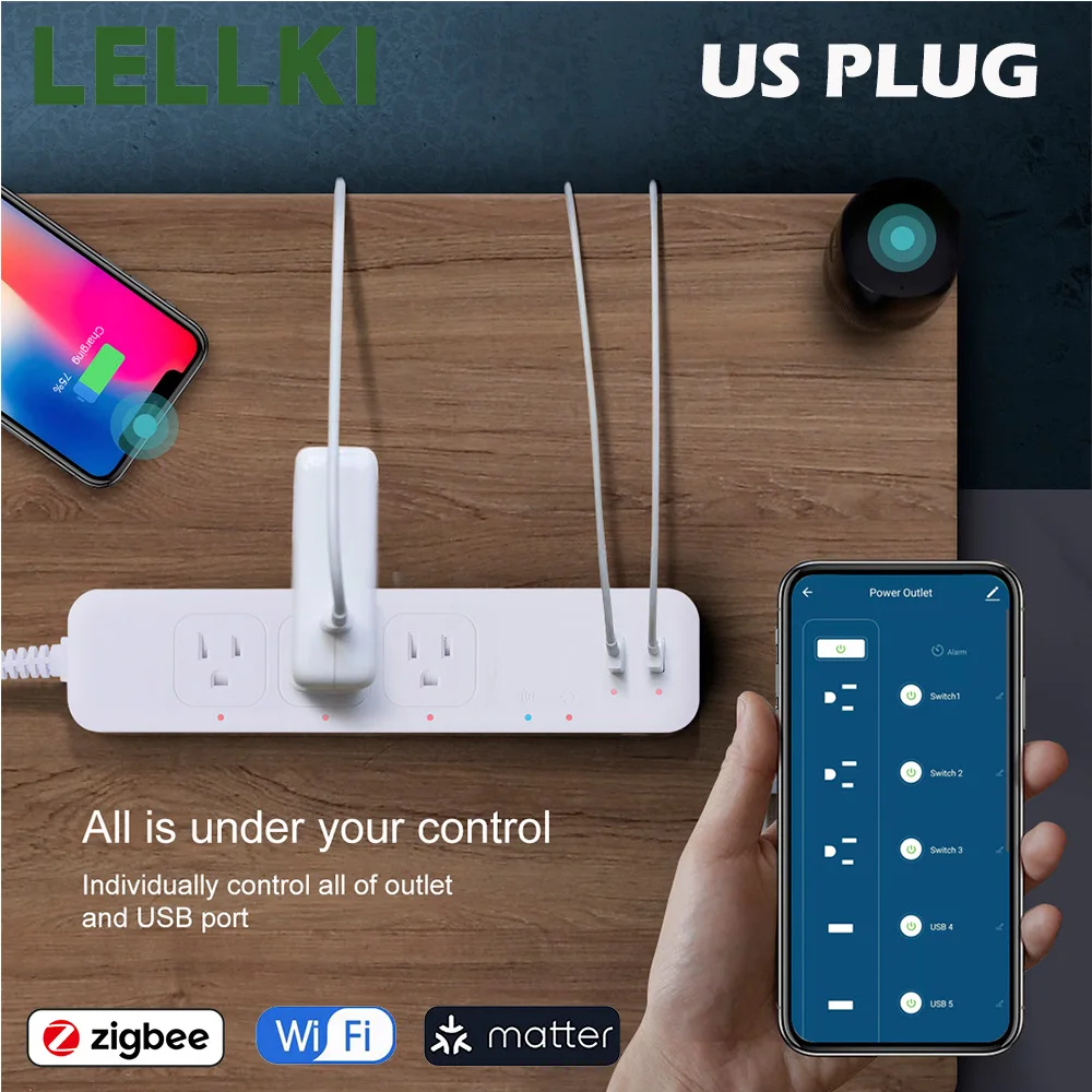 

LELLKI Американская вилка Wi-Fi/Zigbee/Matter Power Strip Zigbee2mqtt Tuya Smart Life Электрическая розетка с Alexa Google Home Apple Siri
