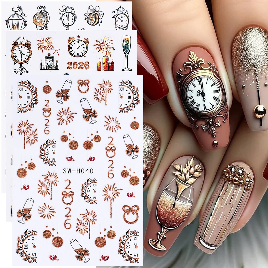 2/3 قطعة بريق عيد الميلاد مسمار ملصقات الذهب الألعاب النارية الشمبانيا 2026 ساعة تصميم القوس السنة الجديدة مسمار الشارات مانيكير ديكور المنزلق #1