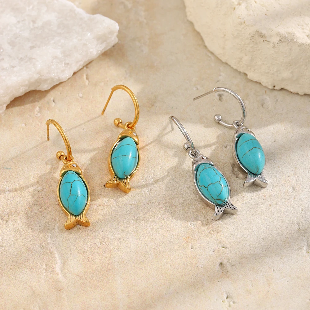 E.B.belle Fish Oval Cracked Turquoise Stud Earrings 18K Gold Plated 316L Stainless Steel Hook Earrings Bohemia Summer Jewelry