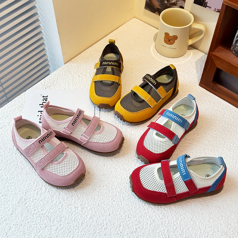 

Детская повседневная обувь, кроссовки, весенняя обувь с цветными вставками из сетки для детей, дышащая, противоскользящая, желто-розовая обувь, размеры 23-36