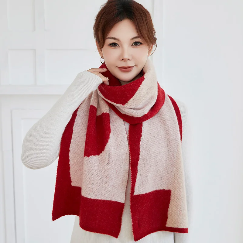 MVLYFLRT Women's High-Quality 100% Pure Goat Cashmere Scarf Color-Block Winter Warmth Neck Protection Fashion Accessory